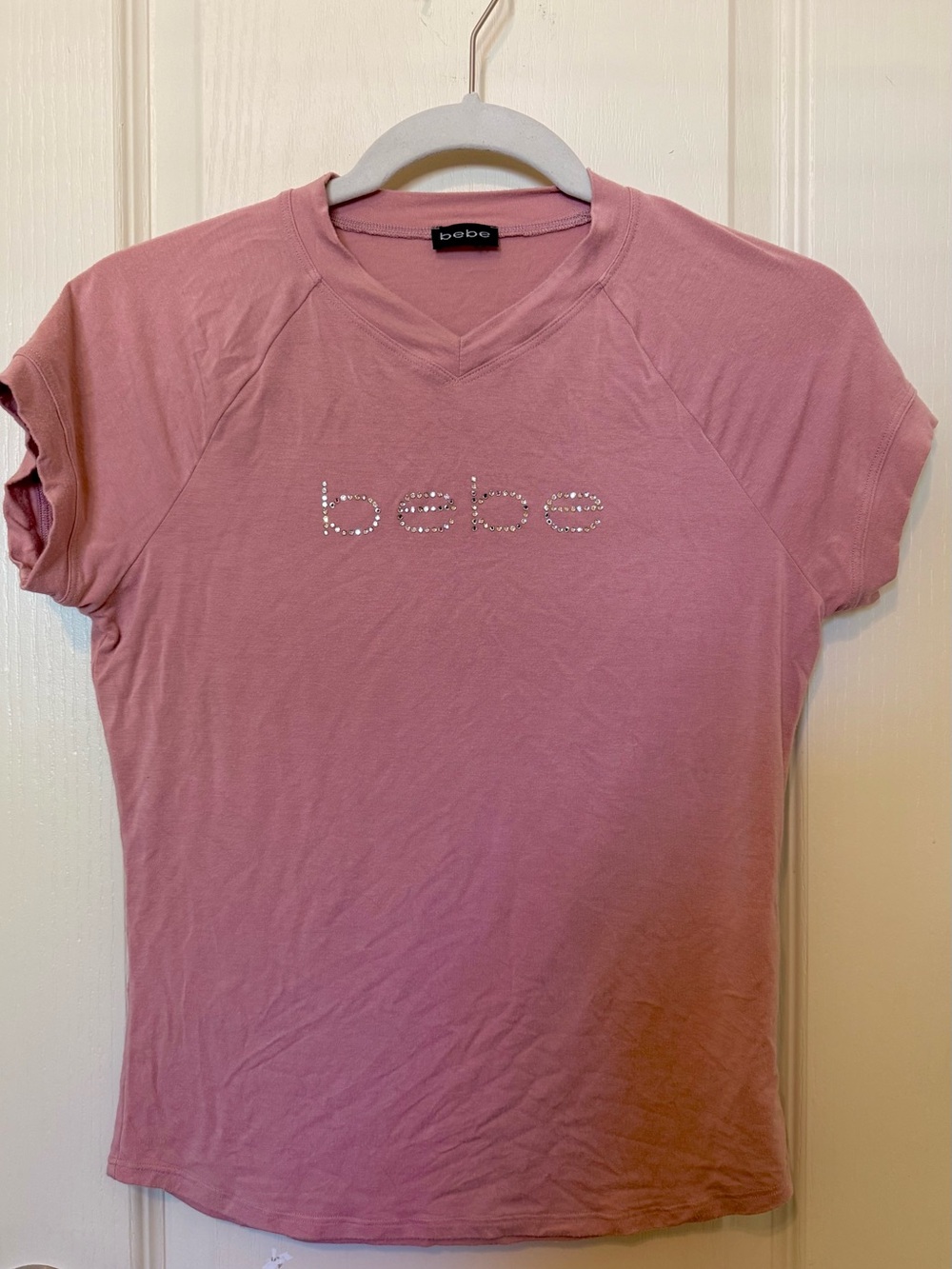 bebe Dusty Pink Short Sleeve Tee with Rhinestone Logo